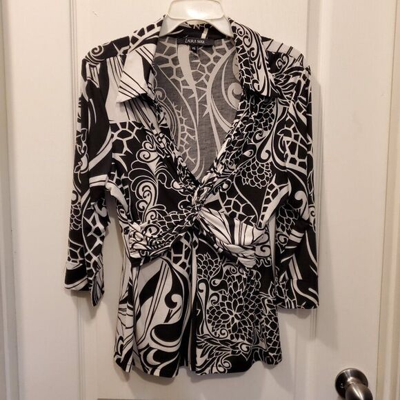 Classic Black & White Stretchy Wrap Shirt ¾ sleeve  XL - Picture 1 of 3